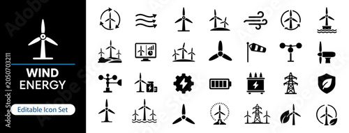 Cuadro en lienzo Wind Energy Solid Icon Set, Renewable Power and Sustainable Technology Icons for