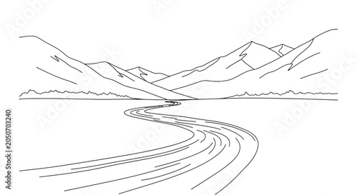 Road curves through mountain landscape scene.