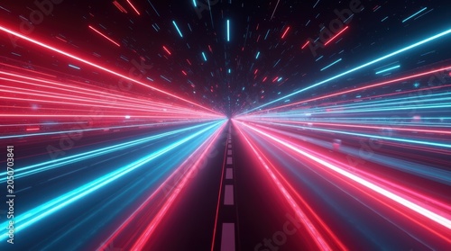 Abstract background with bright red and blue neon light streaks moving fast in a dark digital tunnel