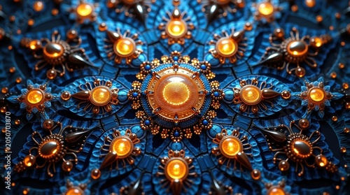 Abstract fractal background with glowing orange spheres and intricate blue geometric crystal patterns