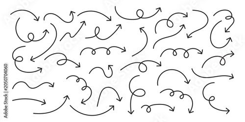 Hand drawn line arrows icons set collection. Arrow vector elements hand drawn arrows brush stroke curly arrow collection.