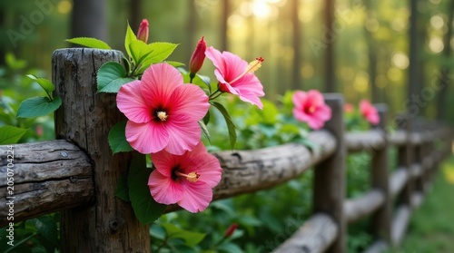 Beautiful pink hibiscus flowers blooming on a rustic wooden fence in a lush green garden during a sunny summer day