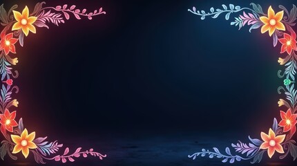 Beautiful decorative floral frame border with colorful flowers and leaves on a dark background for elegant invitations