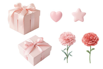 Mother's Day Gift Element Set, 3D Pink Gift Box and Carnation Flower Illustration, Isolated PNG,Romantic Wedding and Birthday Gift Design Clip Art, Realistic Ribbon Bow, Transparent Background