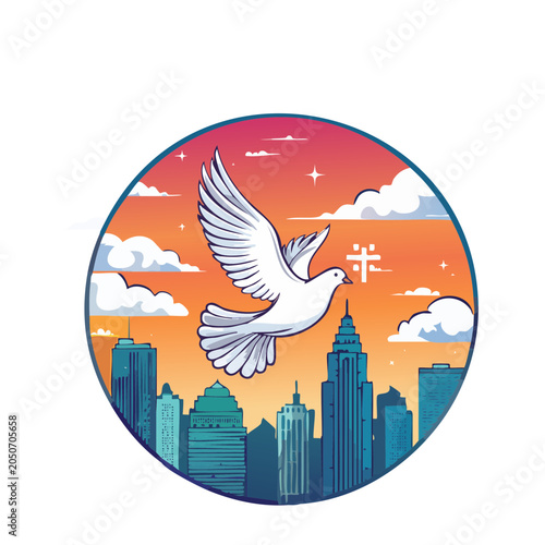 White dove flying over cityscape at sunset