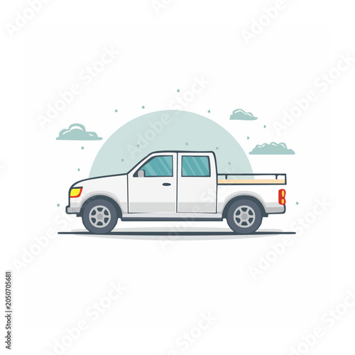 White pickup truck in flat design style