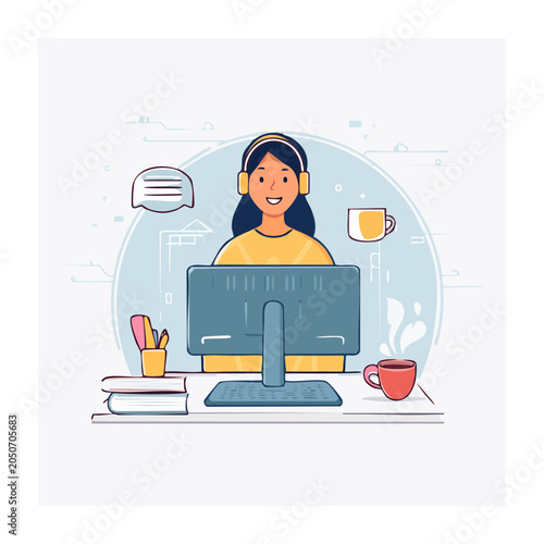 Woman wearing headphones working on a computer at her desk