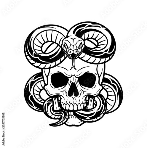 Obraz na plátne Intricate black and white graphic illustration of a human skull entwined by a co