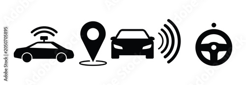 Set of icons representing autonomous driving technology, including GPS location, signal transmission, and vehicle control