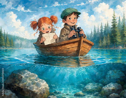 Children enjoying a peaceful boat ride on a bright and sunny day
