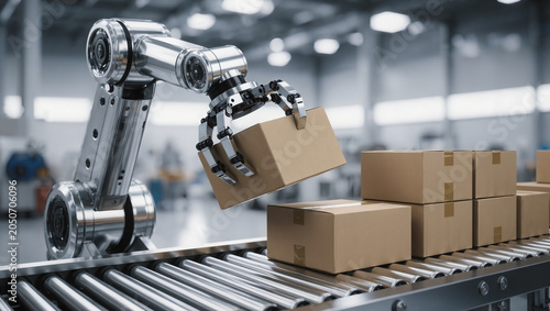 An industrial robotic arm handles brown packages on an automated conveyor belt, showcasing modern factory automation and smart logistics