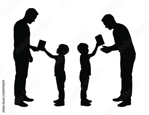 Black silhouette of adults and kids reading books together Vector