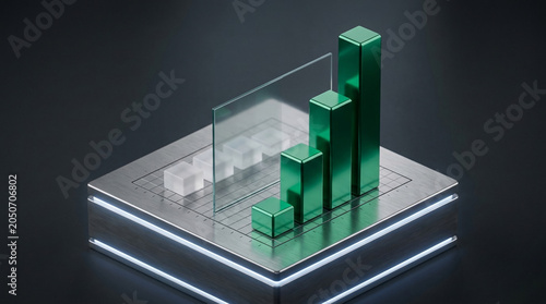 3D Isometric Bar Chart Showing Financial Growth and Data Analysis on a Modern Metallic Podium