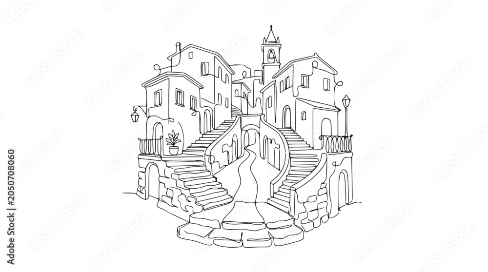 Naklejka premium Charming Italian Village Sketch with Winding Steps and Buildings