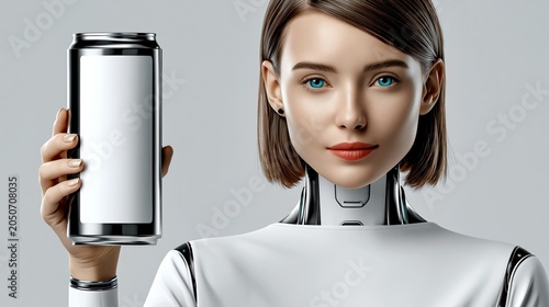Human looking humanoid holding up a can with empty label.
