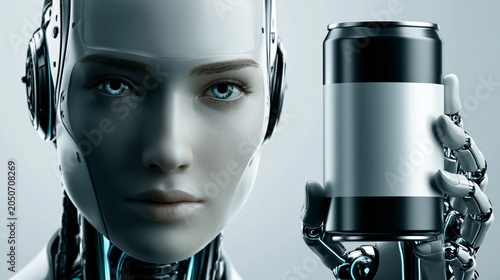 Humanoid making commercial for a can with empty label.