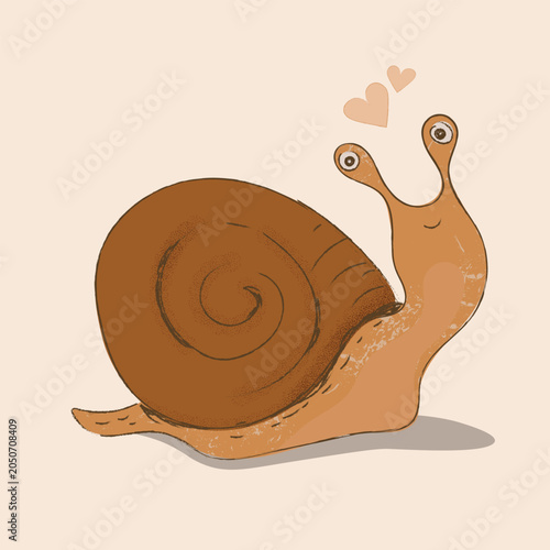 Cute smiling snail looking at hearts, romantic hand-drawn cartoon animal vector illustration.