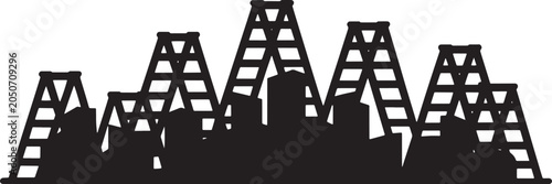 City buildings silhouette with stepladders in outline style with ladder on white background