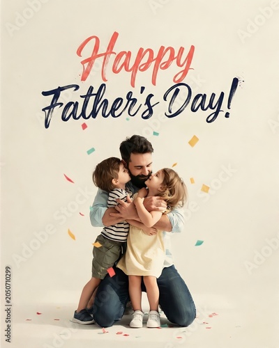 Happy father raising arms with his beloved children celebrating Father's Day.