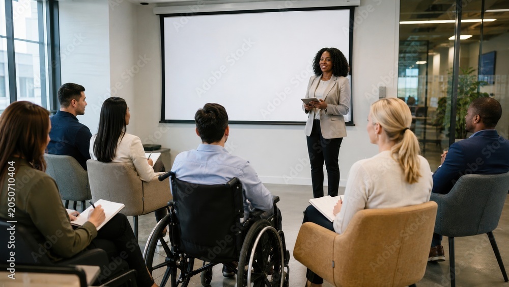 Fototapeta premium Group of people in a meeting room listening to a speaker in front of a large screen during a training session at a workplace
