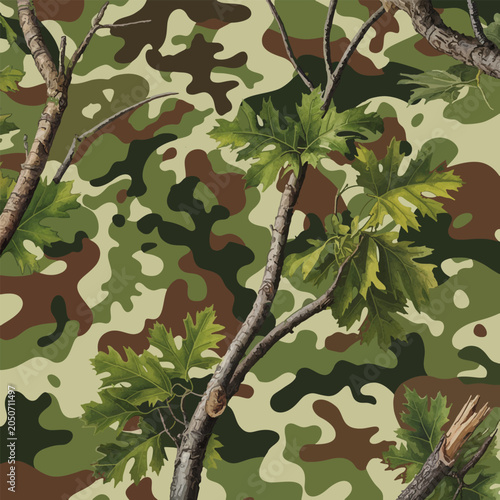 Seamless woodland camouflage vector pattern featuring realistic oak branches and green leaves over a military camo background.