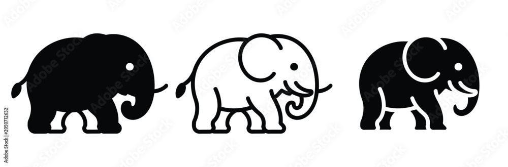 Obraz premium Three stylized elephant icons in black and white for design and illustration use