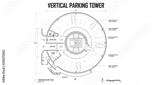 Foto Vertical parking tower architectural blueprint, circular ground floor plan for a