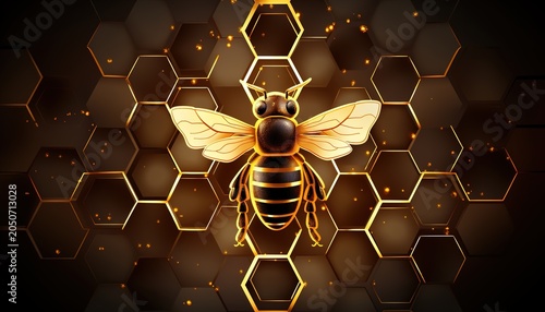 A detailed illustration of a bee on a honeycomb background with golden accents