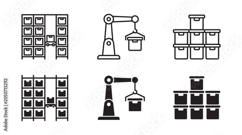 Industrial warehouse and logistics icons depicting racking robotic crane and storage boxes with warehouse, logistics
