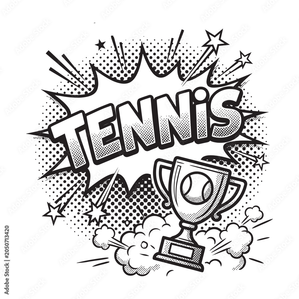 Fototapeta premium Black and white comic style illustration of tennis trophy with text Tennis 2026, US Open Tennis 2026, US Open Tennis, Tennis Poster Design, Wimbledon Championships