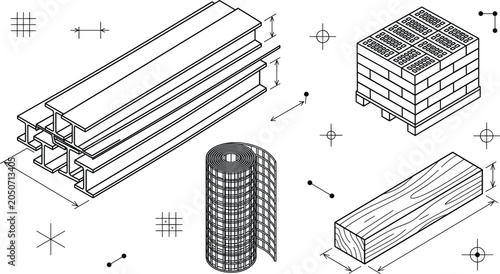 Photos Construction building materials isometric line art vector set with steel beams b