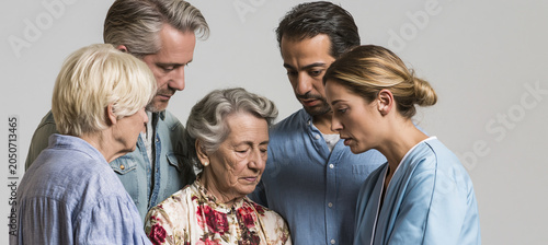 Family members comforting elderly woman during emotional gathering  