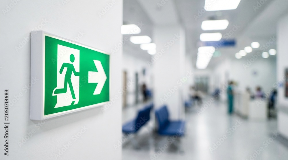 Fototapeta premium Green Emergency Exit Sign in a Hospital or Office Hallway 