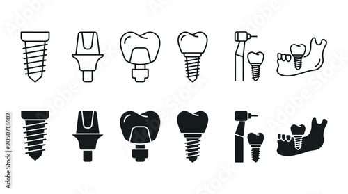 Dental implant components and surgical procedure icons set featuring screws and jaw anatomy surgical dentistry