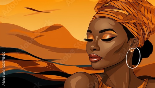 A serene African woman in a desert landscape at sunset