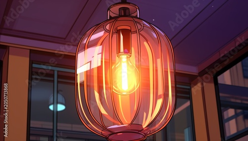 A bright orange glass pendant light hanging from a ceiling in a modern room