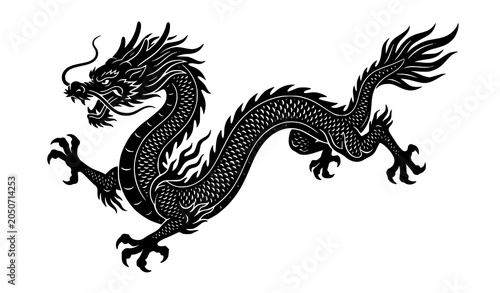 Schilderij op canvas Intricate Chinese Dragon Silhouette Vector with Powerful Flying Motion