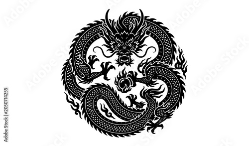 Majestic Chinese Dragon Silhouette Vector with Ornamental Coiled Design