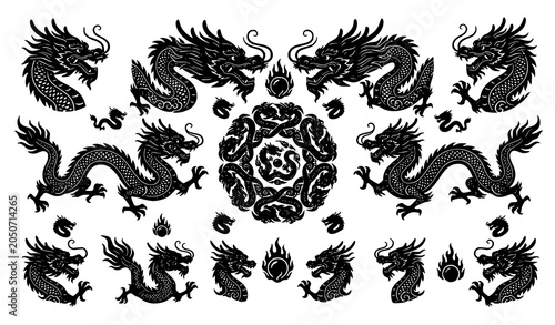 Bild auf Leinwand Traditional Chinese Dragon Black Silhouette Vector in Dynamic Sweeping Motion
