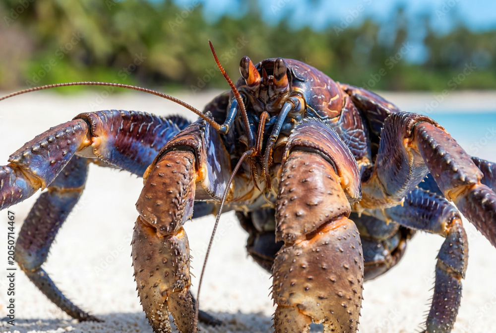 Obraz premium Large coconut crab walking on a white sand beach with palm trees
