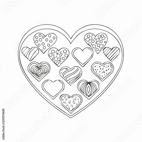Outline drawing of heart shaped chocolates in a box