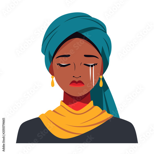 Sad woman crying with tears, wearing a headscarf and earrings