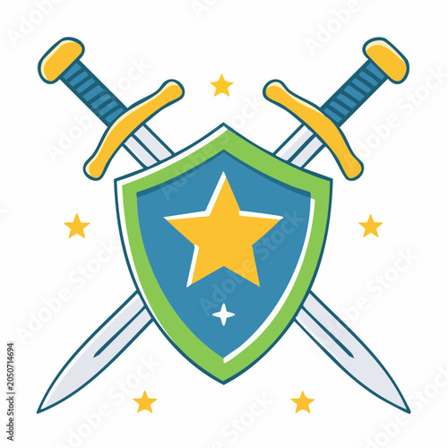 Shield and crossed swords with stars, flat design icon