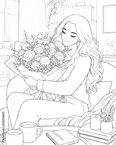 Fotografie Cozy Girl with Flower Bouquet Coloring Page, Beautiful Woman Holding Floral Arra