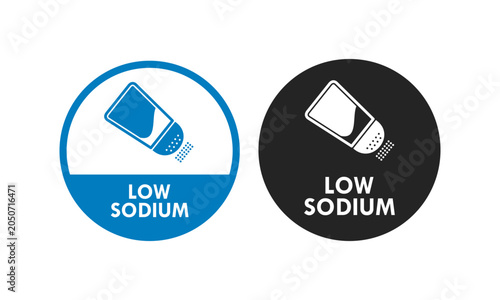 Photos Low sodium food packaging label set with salt shaker icon for healthy diet product certification badge