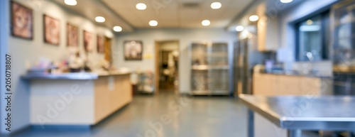 Blurred interior of a modern veterinary clinic with storage units  