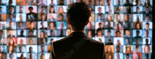 Businessman presenting to large screen displaying multiple video calls  