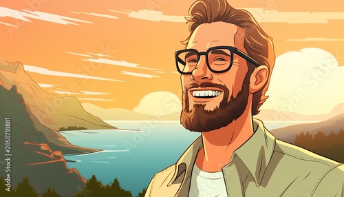 A smiling man with glasses enjoying a serene mountain and ocean view at sunset