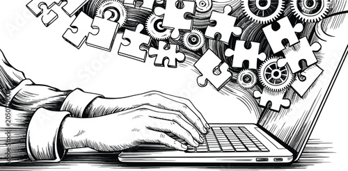 Photos Business problem solving concept, puzzle pieces and gears emerging from laptop,