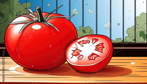 A vibrant cartoon illustration of two red tomatoes on a wooden table